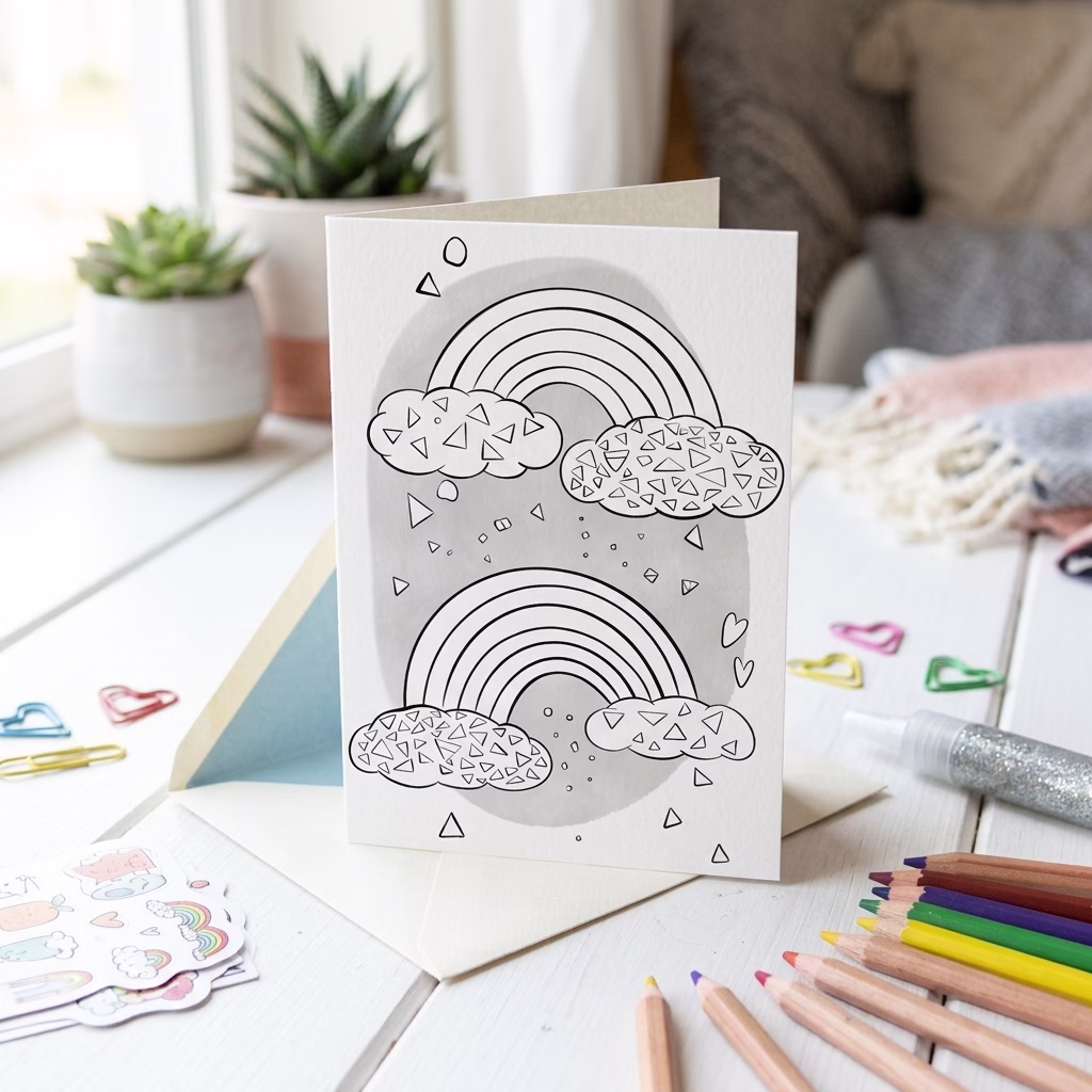 FREE PRINTABLE COLORING GREETING CARD – RAINBOWS AND CLOUDS
